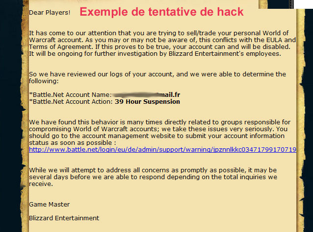Exemple de tentative de hack d'un compte Battle.net. Image d'Enaiade.