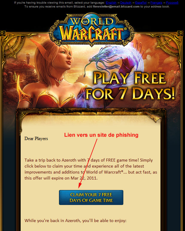 Exemple de tentative de hack d'un compte World of Warcraft via mail.	