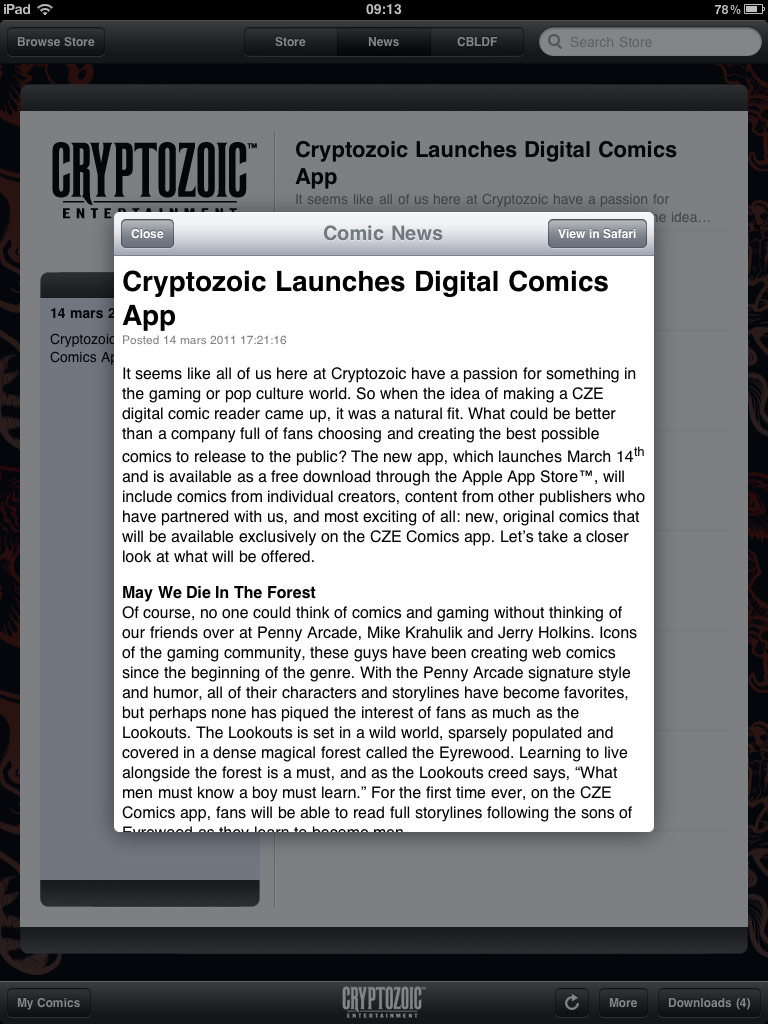 Application Cryptozoic Comics pour iPad.