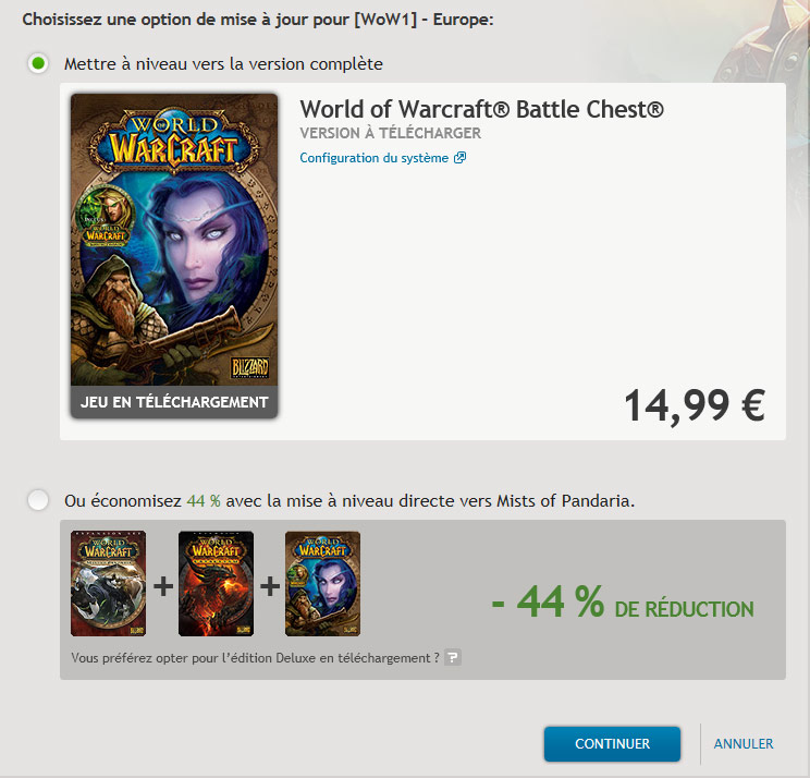 Offre promotionnelle pour World of Warcraft.